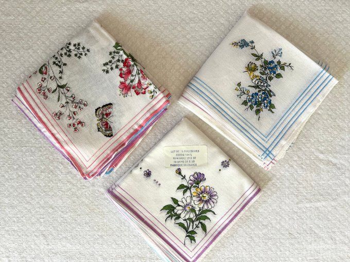 Lot de 6 mouchoirs, 3 modèles au choix, Papillon, Oiseaux ou Fleurs, Neufs