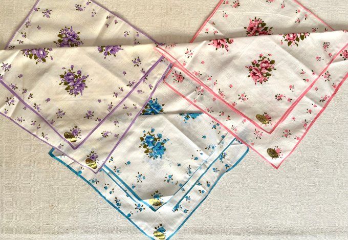 Lot de 6 mouchoirs fleuris en coton, Neufs
