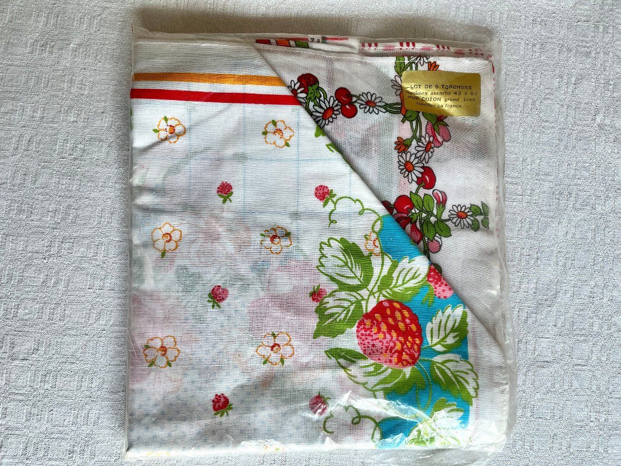 Lot de 6 torchons à imprimés assortis de fruits et de fleurs,  vintage, pur coton, Neuf