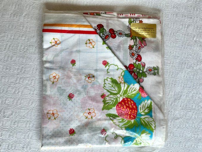 Lot de 6 torchons à imprimés assortis de fruits et de fleurs,  vintage, pur coton, Neuf