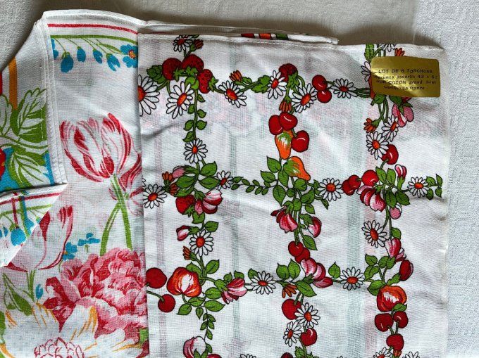 Lot de 6 torchons à imprimés assortis vintage, pur coton, Neuf
