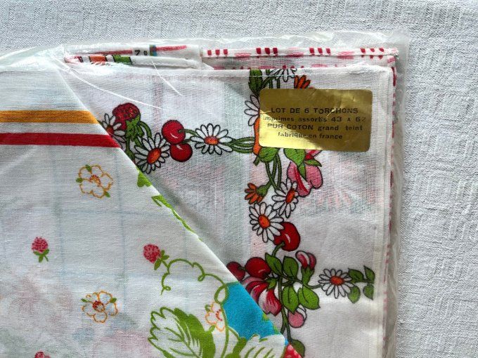 Lot de 6 torchons à imprimés assortis vintage, pur coton, Neuf