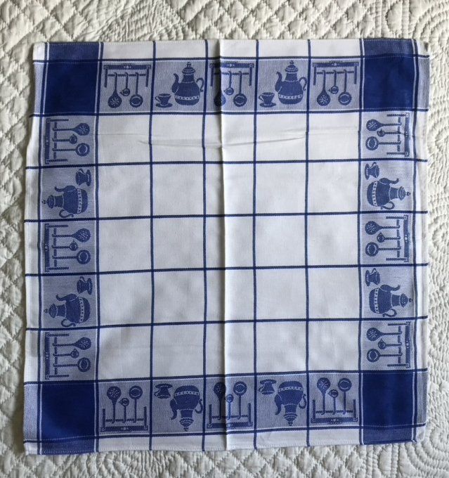Lot de 6 torchons en coton blancs et bleus aux motifs vintage, Neufs