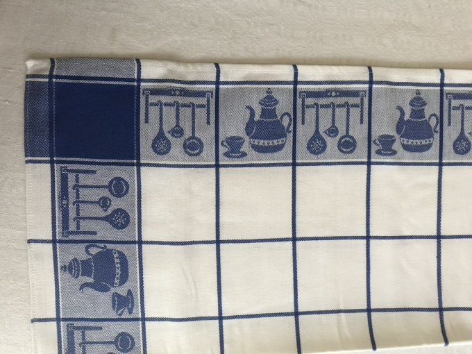 Lot de 6 torchons en coton blancs et bleus aux motifs vintage, Neufs