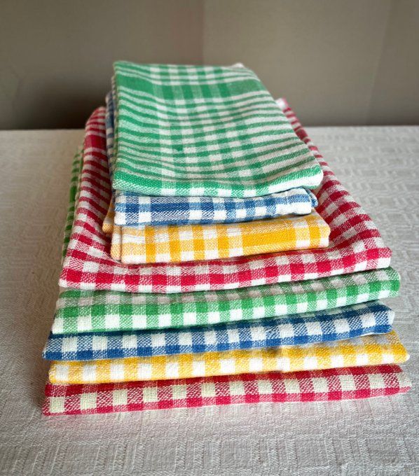 Lot de 7 essuie mains à carreaux vintage, torchons de couleurs différentes