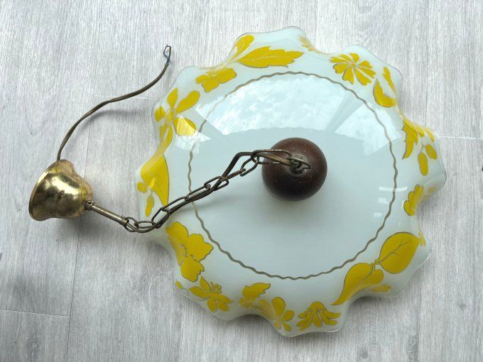 Lustre avec abat-jour en verre opale décoré, vintage