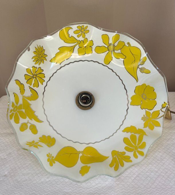 Lustre avec abat-jour en verre opale décoré, vintage