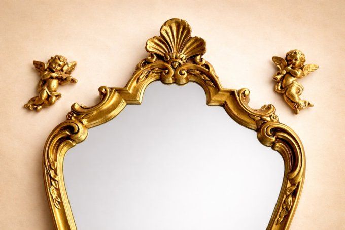 Miroir mural vintage baroque, Rococo doré - Cadre en bois sculpté - Années 60