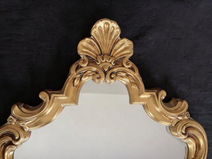 Miroir mural vintage baroque, Rococo doré - Cadre en bois sculpté - Années 60