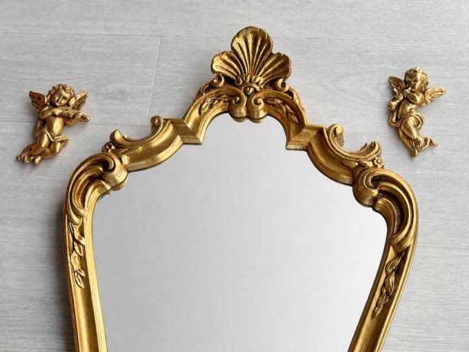 Miroir mural vintage baroque, Rococo doré - Cadre en bois sculpté - Années 60