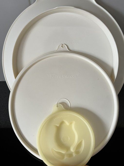 Moule à charlotte tupperware avec son plateau de service et 4 couvercles à motif