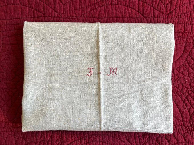 Nappe de vigneron ancienne, initiales JM, en métis ou chanvre