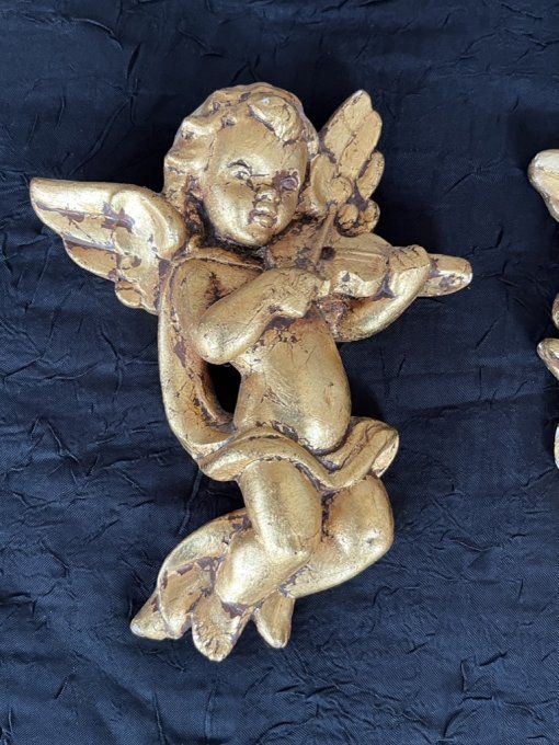 Paire de chérubins Baroques dorés - Anges musiciens - Années 70