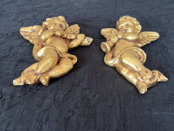 Paire de chérubins Baroques dorés - Anges musiciens - Années 70