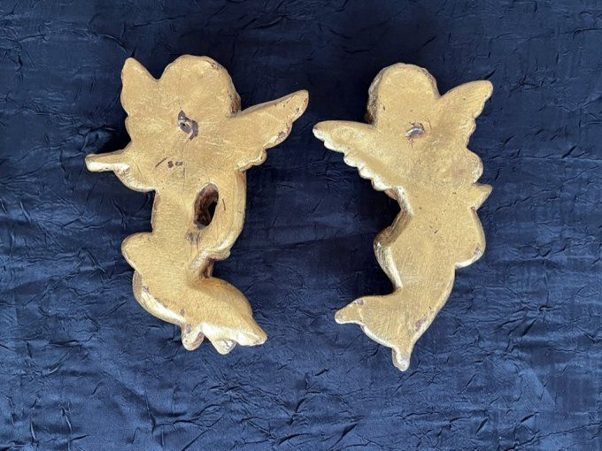 Paire de chérubins Baroques dorés - Anges musiciens - Années 70