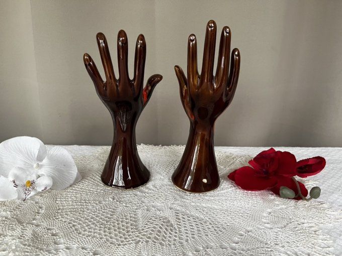Paire de mains Vallauris vintage - Soliflores et Baguiers - Orange & Marron