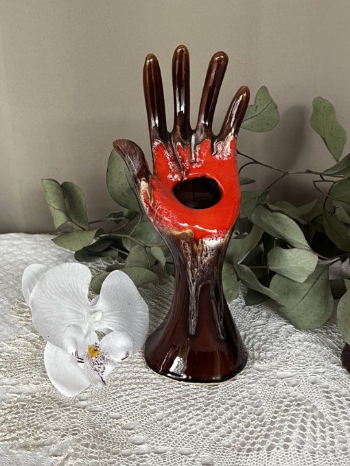 Paire de mains Vallauris vintage - Soliflores et Baguiers - Orange & Marron