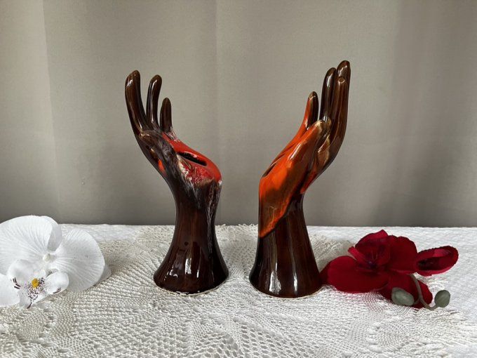 Paire de mains Vallauris vintage - Soliflores et Baguiers - Orange & Marron