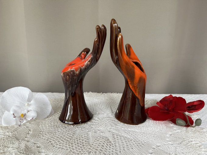 Paire de mains Vallauris vintage - Soliflores et Baguiers - Orange & Marron