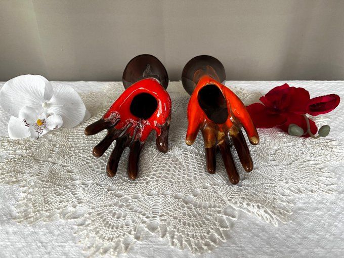 Paire de mains Vallauris vintage - Soliflores et Baguiers - Orange & Marron