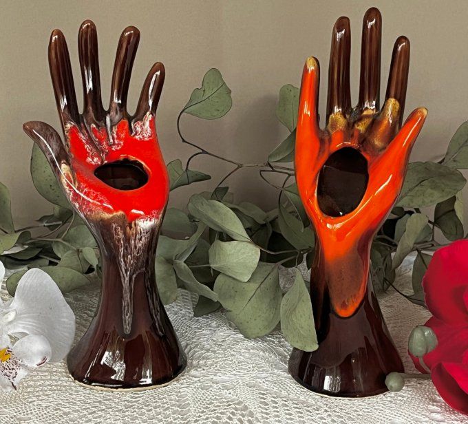 Paire de mains Vallauris vintage - Soliflores et Baguiers - Orange & Marron