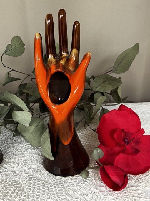 Paire de mains Vallauris vintage - Soliflores et Baguiers - Orange & Marron
