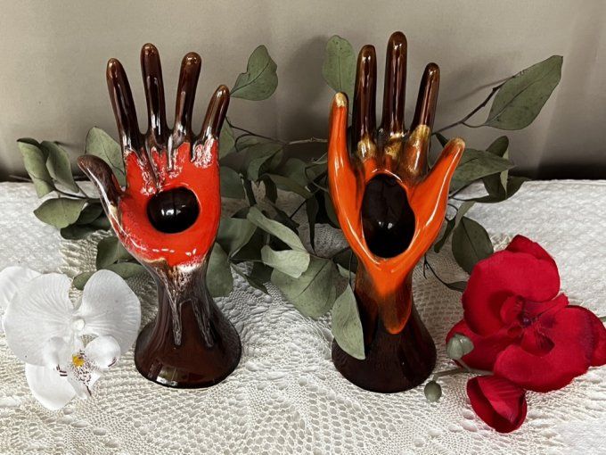 Paire de mains Vallauris vintage - Soliflores et Baguiers - Orange & Marron