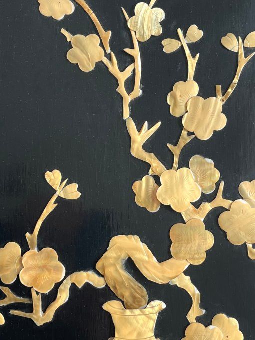 Panneau mural asiatique, incrustation de nacre, fleurs de cerisiers "Sakura"