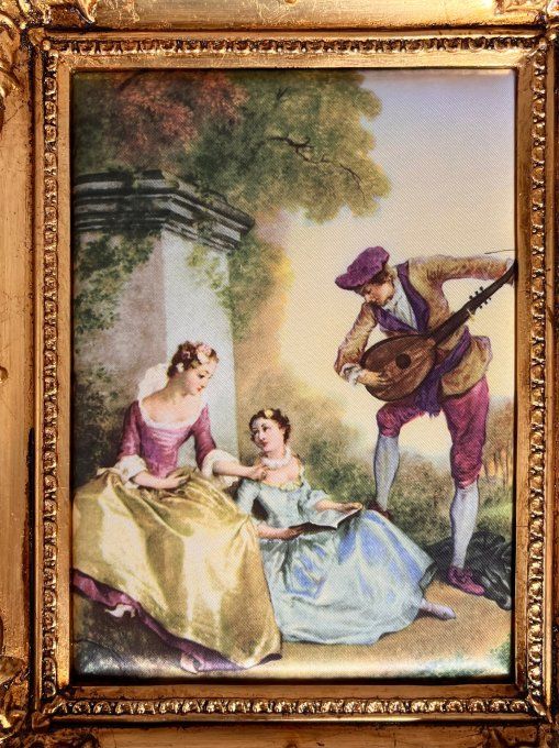 Petit cadre ancien sur soie La Leçon de Musique de Nicolas Lancret style rococo.