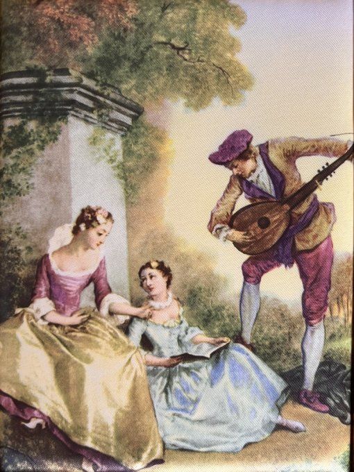 Petit cadre ancien sur soie La Leçon de Musique de Nicolas Lancret style rococo.