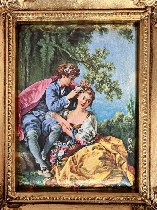 Petit tableau vintage sur soie François Boucher Le Printemps, style romantique