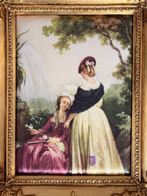 Petit tableau vintage sur soie Jean-Baptiste Hilair La Lecture Cadre bois doré.