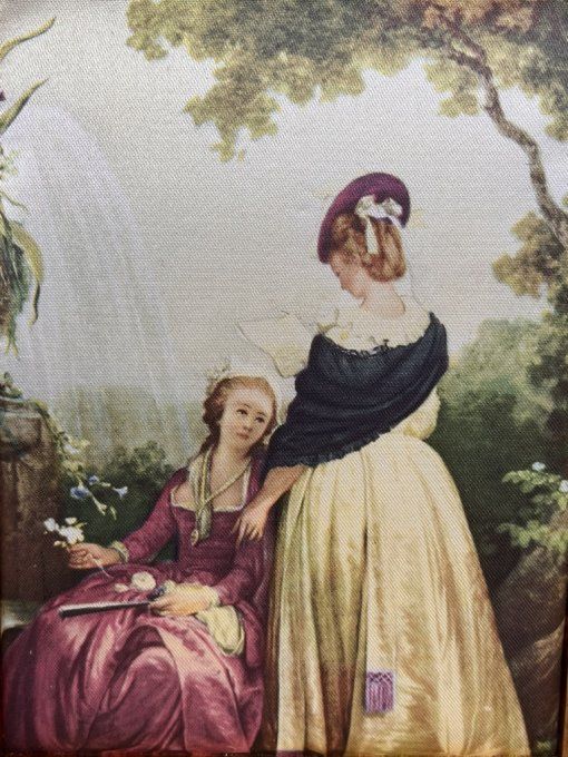 Petit tableau vintage sur soie Jean-Baptiste Hilair La Lecture Cadre bois doré.