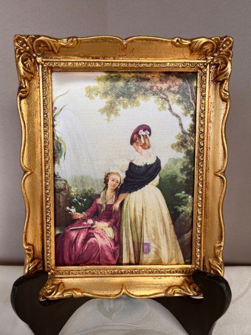 Petit tableau vintage sur soie Jean-Baptiste Hilair La Lecture Cadre bois doré.