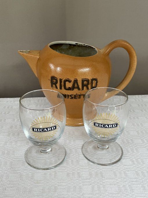 Pichet Ricard Anisette des ateliers de céramique Ricard, estampillé, Vintage, et 2 verres