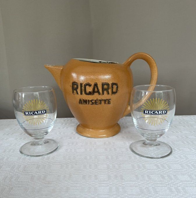 Pichet Ricard Anisette des ateliers de céramique Ricard, estampillé, Vintage, et 2 verres