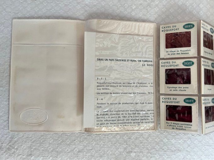 Plaquette publicitaire avec diapositives des caves de Roquefort, Société, Aveyron, vintage
