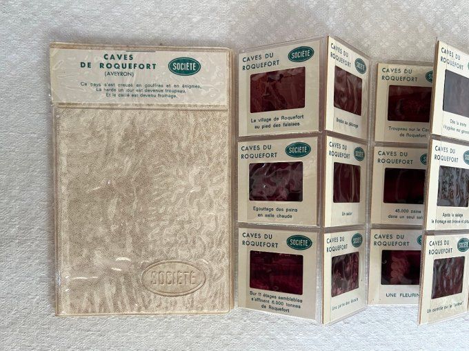 Plaquette publicitaire avec diapositives des caves de Roquefort, Société, Aveyron, vintage