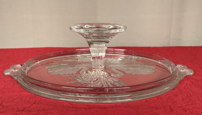 Plat à tarte sur pied en cristal Walter Glass décor Cygnes et Nénuphars