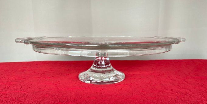 Plat à tarte sur pied en cristal Walter Glass décor Cygnes et Nénuphars