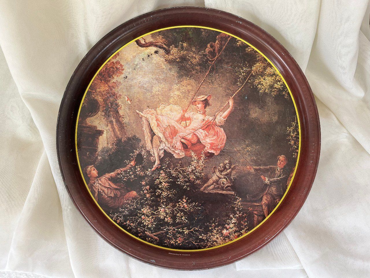 Plateau en métal vintage Massilly, Reproduction "L'Escarpolette" de Fragonard 