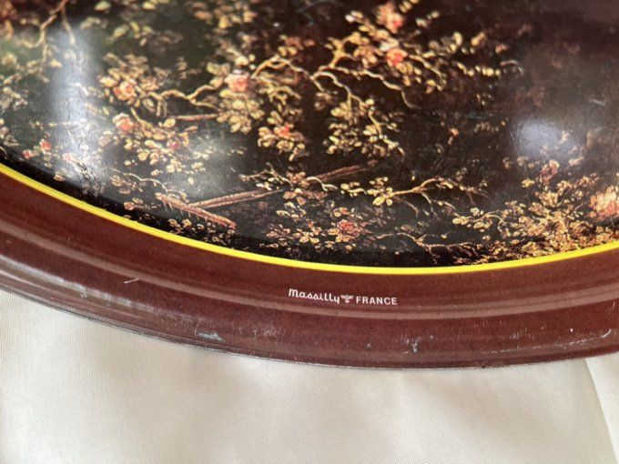 Plateau en métal vintage Massilly, Reproduction "L'Escarpolette" de Fragonard,scène,galante,shabby,c