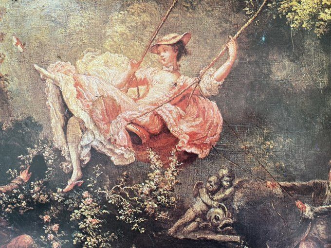 Plateau en métal vintage Massilly, Reproduction "L'Escarpolette" de Fragonard,scène,galante,shabby,c