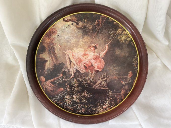 Plateau en métal vintage Massilly, Reproduction "L'Escarpolette" de Fragonard,scène,galante,shabby,c