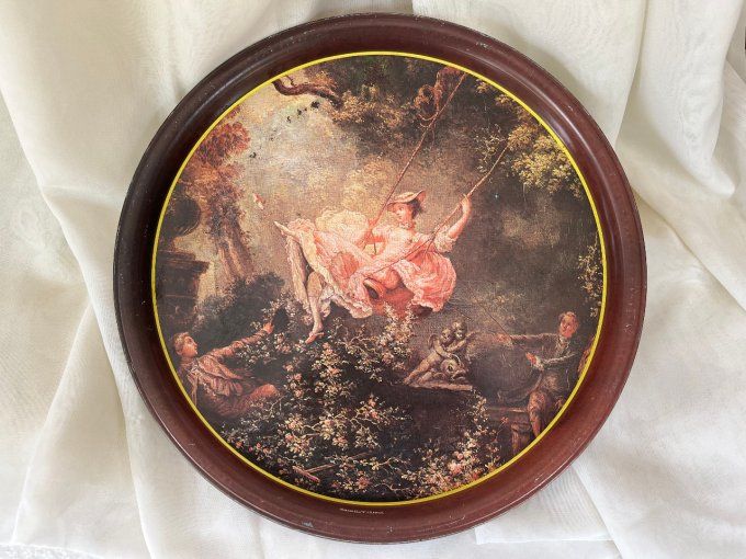 Plateau en métal vintage Massilly, Reproduction "L'Escarpolette" de Fragonard