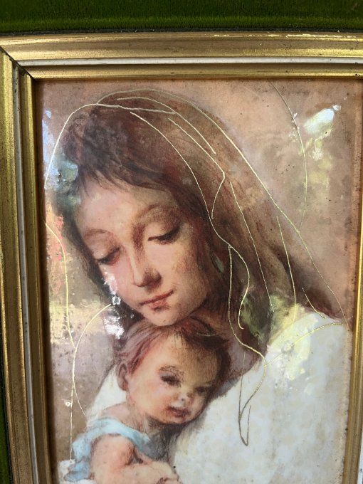 Portrait de femme et enfant, Tableau HELCA, martelé à la main+ doré à la feuille