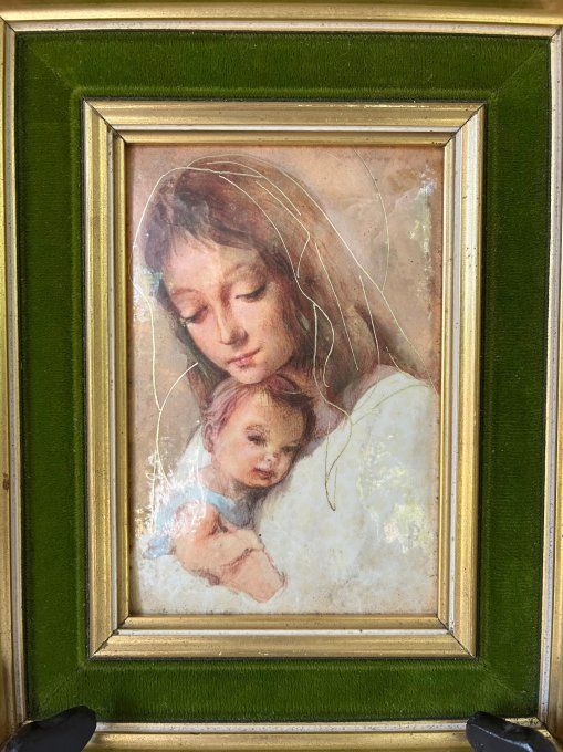 Portrait de femme et enfant, Tableau HELCA, martelé à la main+ doré à la feuille