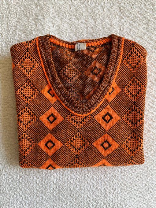 Pull vintage années 70 enfant orange et marron Exlan, 8 - 10 ans