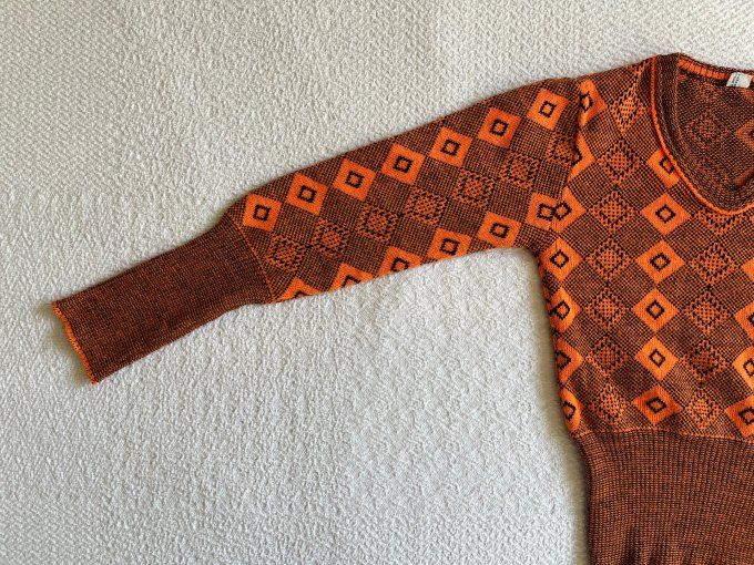 Pull vintage années 70 enfant orange et marron Exlan, 8 - 10 ans
