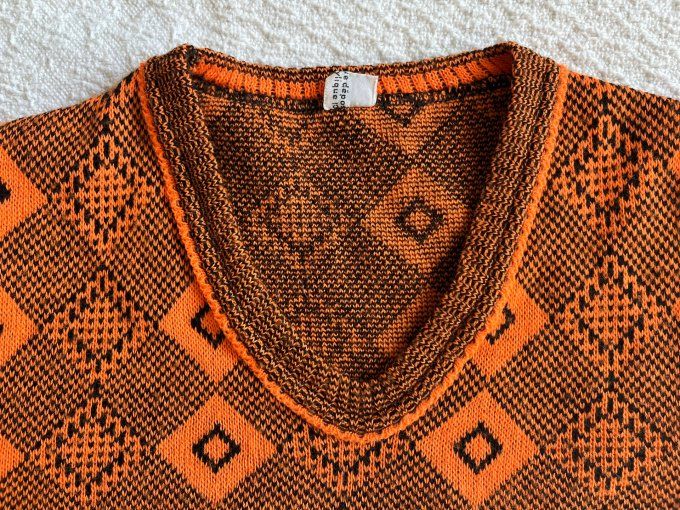 Pull vintage années 70 enfant orange et marron Exlan, 8 - 10 ans